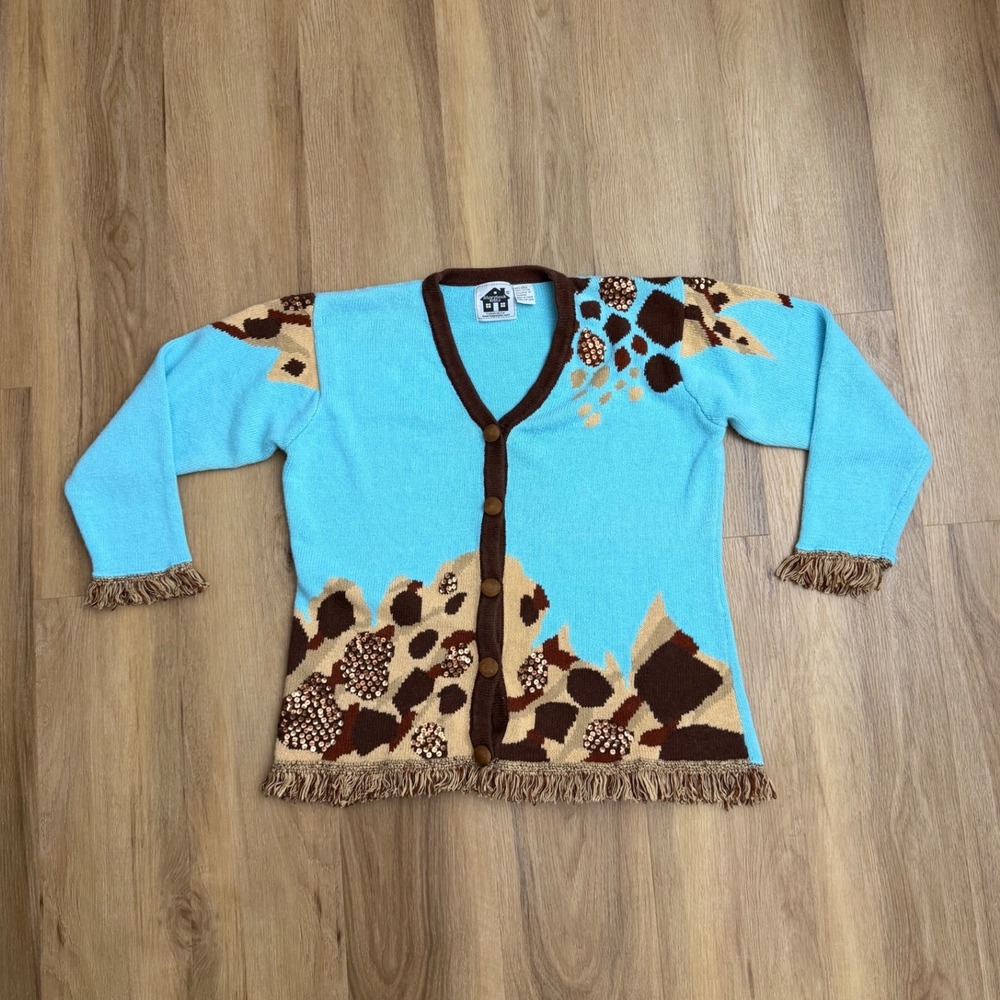 Storybook Knits Vintage Giraffe Print Sequin Fringe Cardigan Blue Brown Large